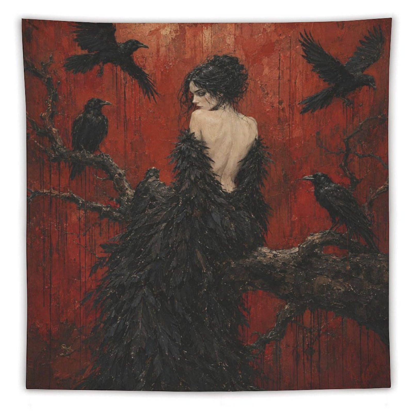 W7C8U2X3 Raven Woman Surrounded by Crows Wall Tapestry, Ceiling Hanging