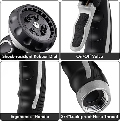 Miniatura 7 de RESTMO Boquilla de manguera con gatillo de autobloqueo fácil, rociador de manguera de agua de metal resistente con 9 patrones de pulverización y