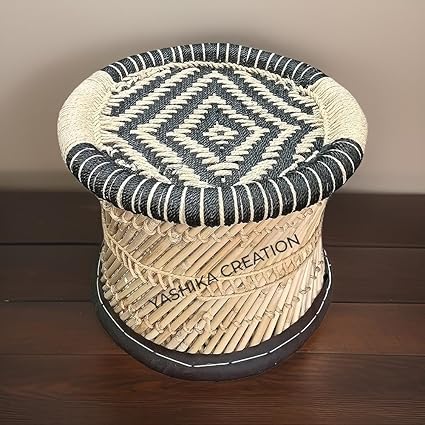 Yashika Creations Handicraft ! Natural Bamboo(SARKANDA) Mudda Stool with Black & Beige (15X15) Mudda, Muddi Stool