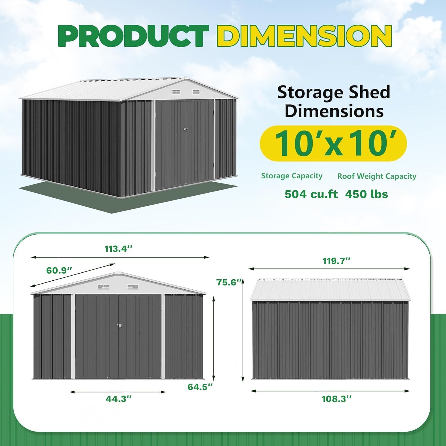 Diagram showing the dimensions of the Devoko 10x10 FT Outdoor Storage Shed, including height, width, and depth.