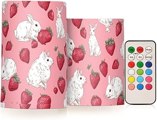 Pigsaly Flameless Candles Battery Operated Watercolor White Rabbits Red Strawberry Flickering Led Pillar Candles with Remote Control Colour Changing Warm Light Candles for Halloween Christmas Weddin