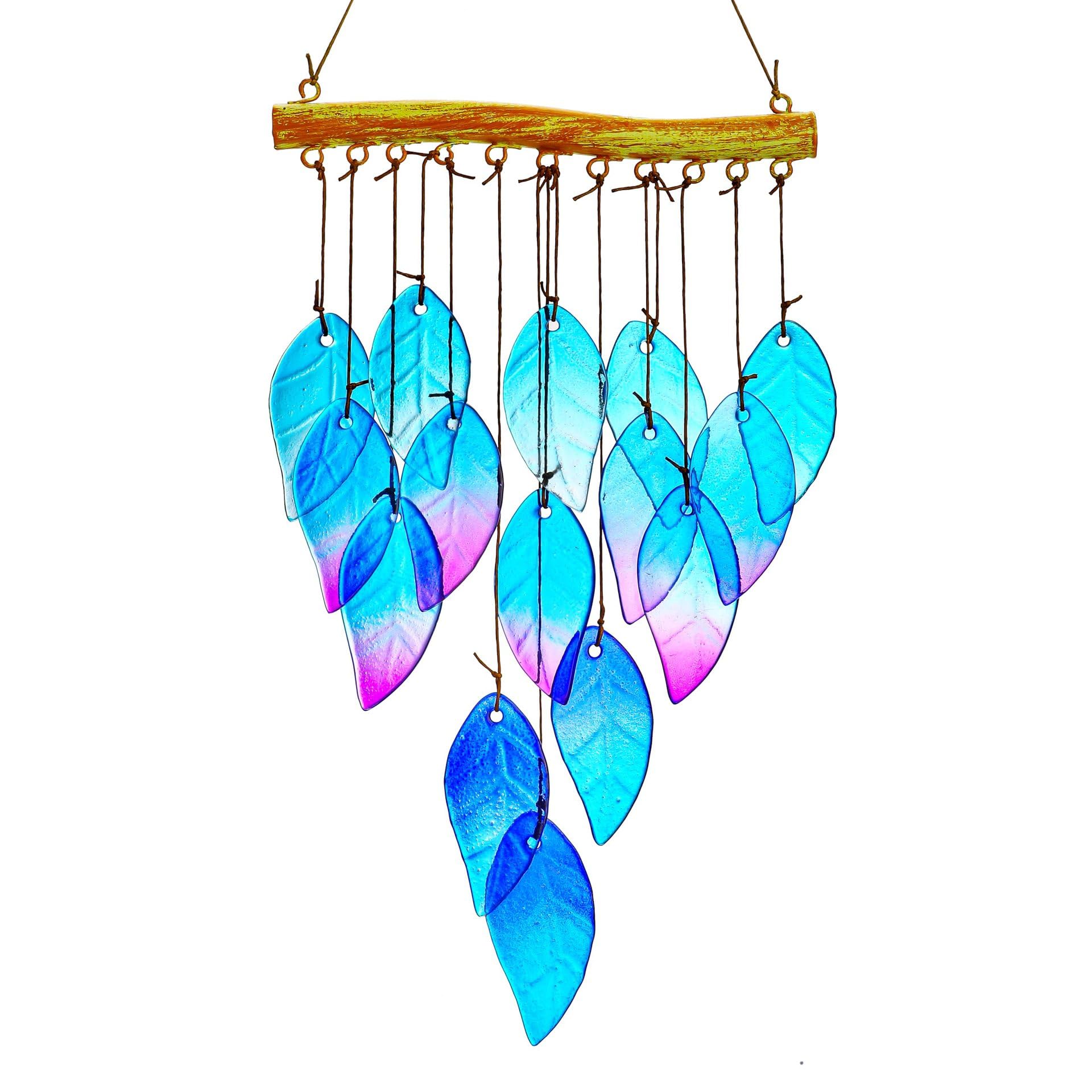 Handmade Blue Glass Fish Wind Chime Large Outdoor/Indoor Hanging Decor (Leaf)