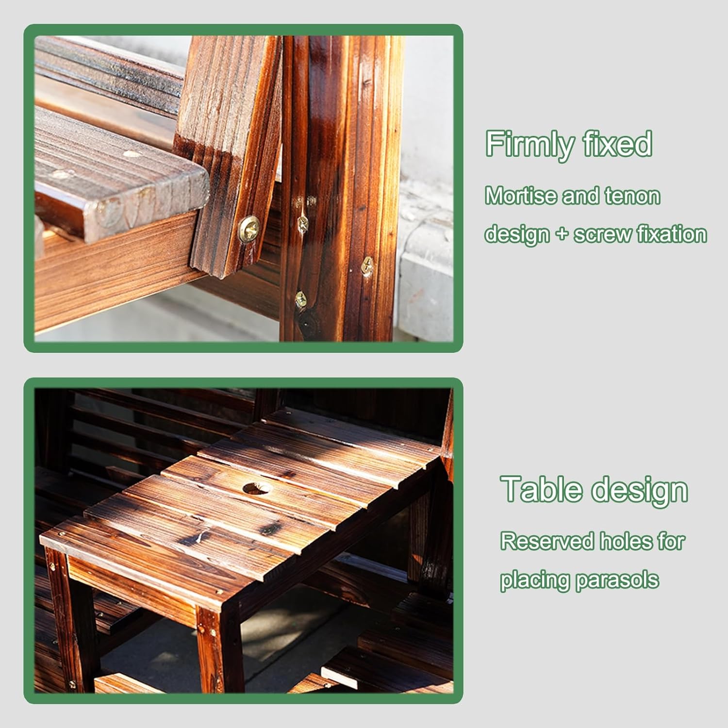 Patio Outdoor Bench Garden Bench, Slatted Seat, Outdoor Seating, Chair Seat Furniture, with Table, Umbrella Hole, for Garden, Porch, Yard, Carbonized