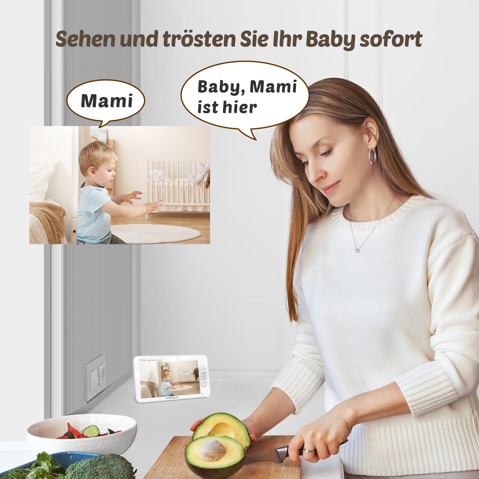 Babystar Babyphone mit Kamera 7 Zoll 1080P HD Video Babyphone ohne WLAN mit Kamera und Audio, Infrarot Nachtsicht, Zwei-Wege-Audio-und VOX-Modu, 4000 mAh Akku, Temperatur, 300M Reichweite