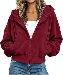 Women's Textured Hoodie Jacket Zip Up Casual Cropped Sweatshirt