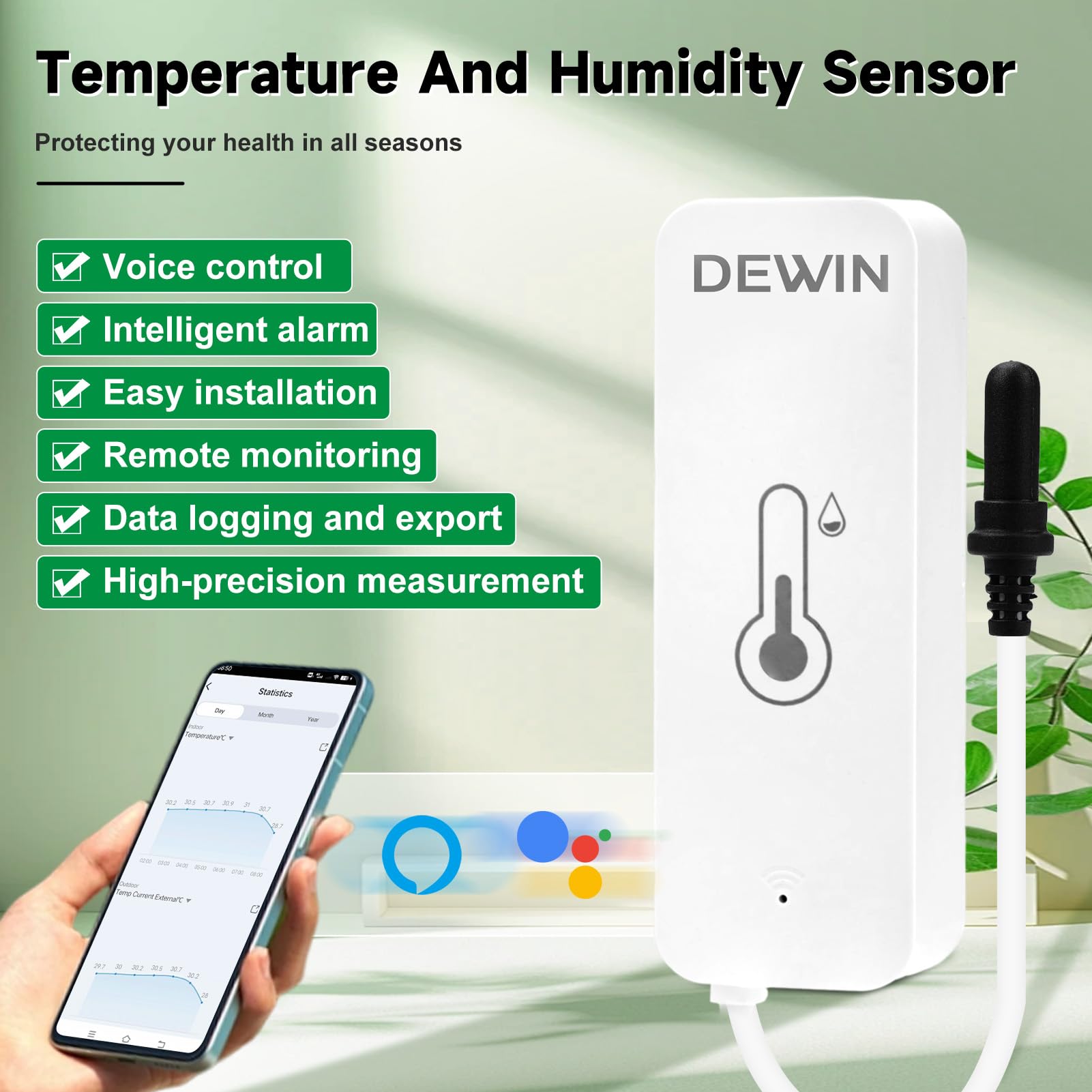 DEWIN WLAN inteligentny termometr i hygrometr, czujnik temperatury i wilgotności T01 z 1m wsparciem sondy inteligentne monitorowanie zdalne APP alarm i rejestrowanie danych