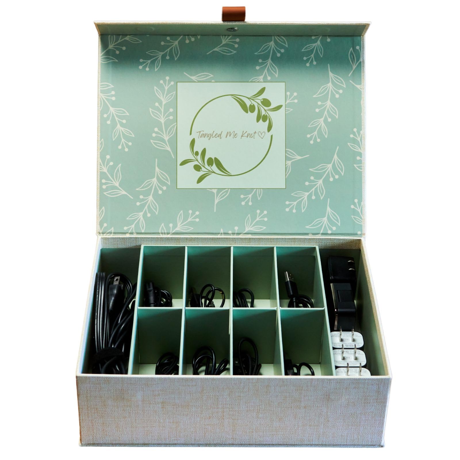 Cable Organizer Box with 20 Hook-and-Loop Straps, Cord Storage Organizer, Charging Cord Organizer, Cord Hider, Electronics Charger Organizer for Home & Office, Tan