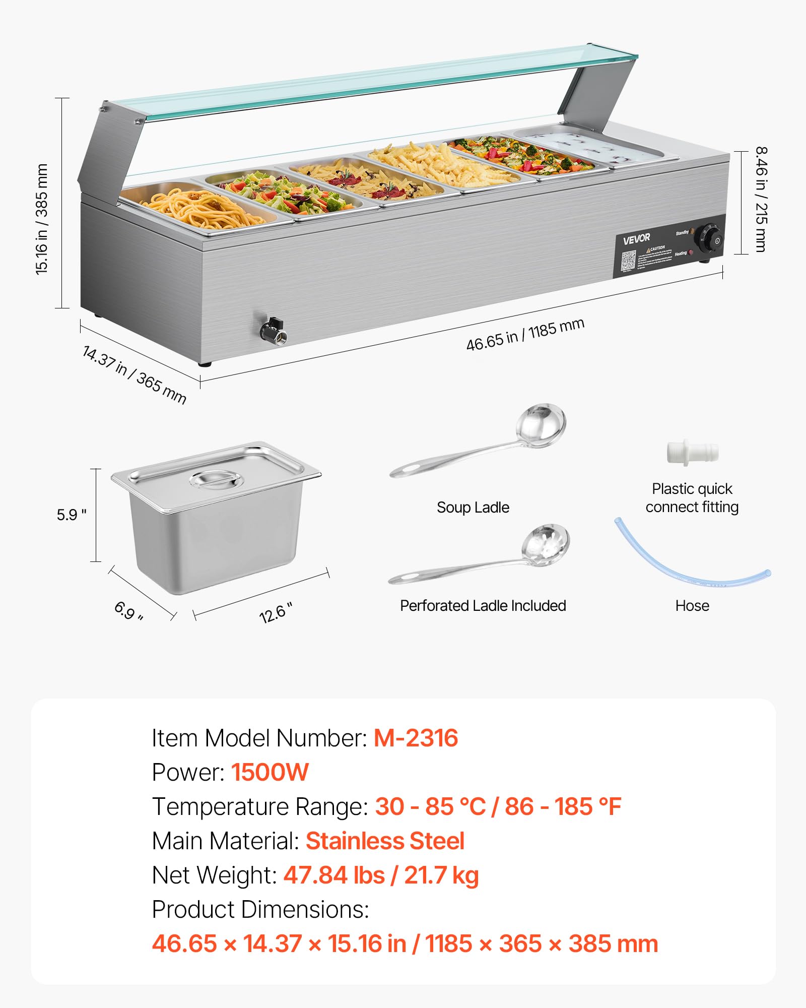 VEVOR Scaldavivande Commerciale, Scaldavivande Elettrico in Acciaio Inox da 1500 W con Coperchio in Vetro, Bagnomaria da Banco a 6 Teglie da 1/3, con Zuppa e Mestoli Forati, per Ristoranti