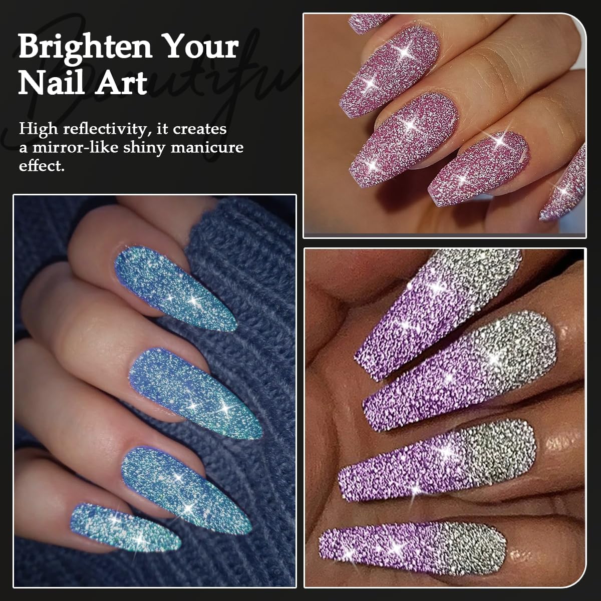 Reflective Glitter for Nails, 6 Colors Sparkle Nail Powder Diamond Dust Glitter Silver Pink Purple Blue Sugar Dip Powder Shimmer Nail Pigment Set with Brush Nail Salon Supplies