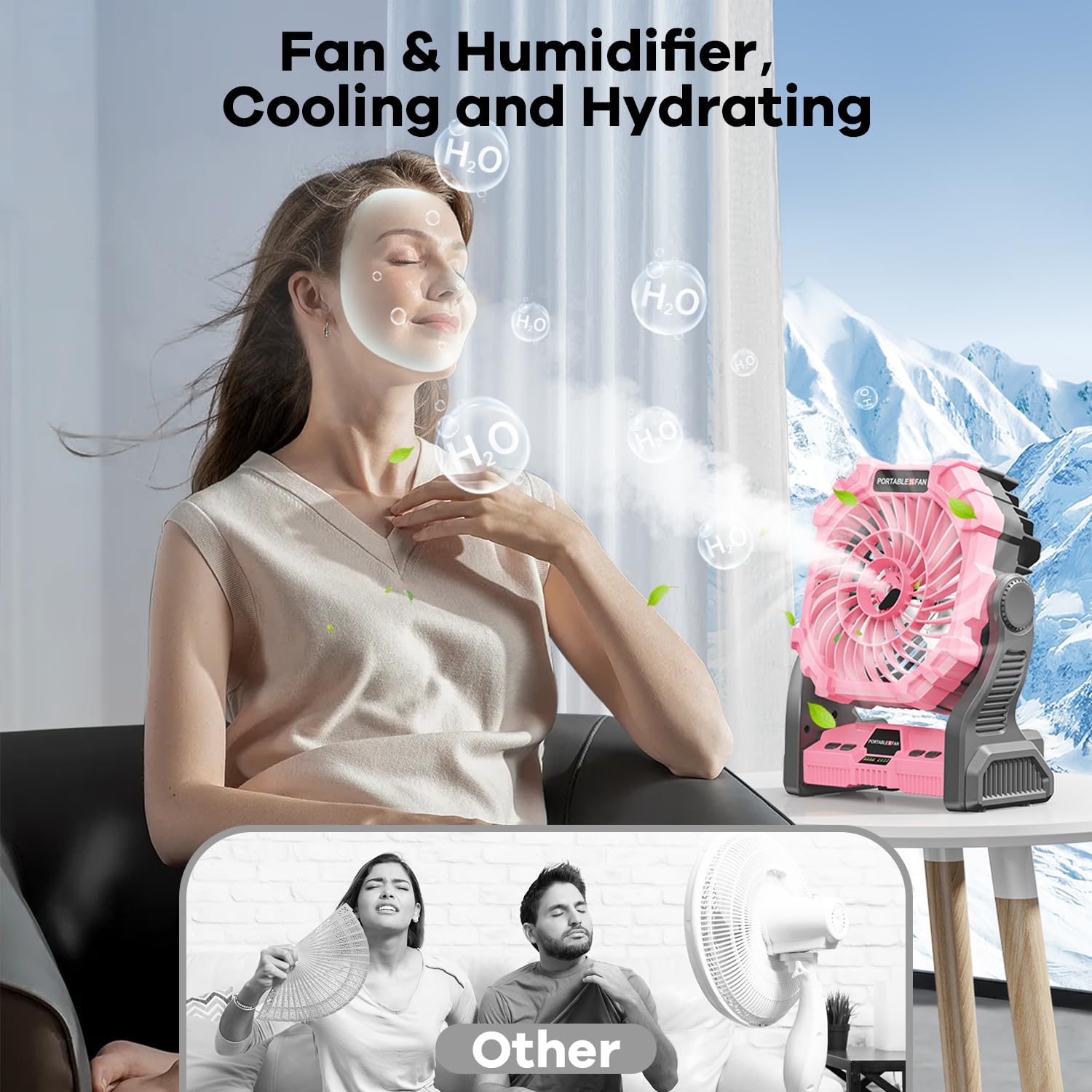 Portable Misting Fan with 12000mAh Rechargeable Battery, RGB Light, Timer & Hook, Perfect for Camping, Fishing, Beach, Travel & Hurricanes (Pink)