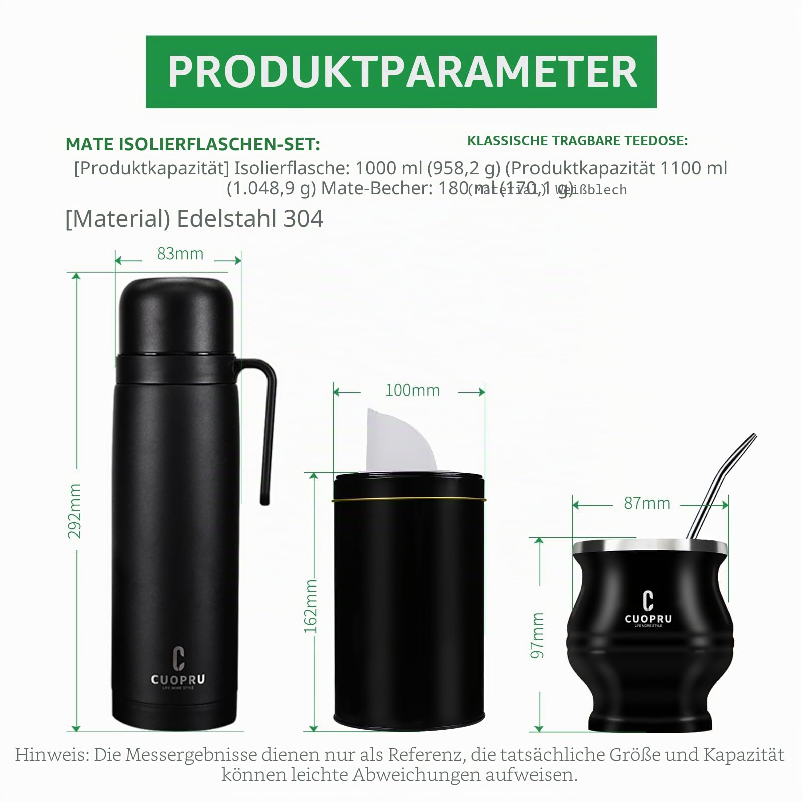 Cuopru Premium Edelstahl Yerba Mate Set, Kürbis, 1 Liter isolierte Flasche, Behälter, Bombilla, Reinigungsbürste, Teefilter-Set, Mattschwarz