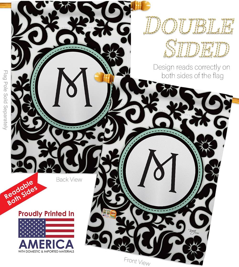 Damask M Initial House Flags Pack Monogram Country Living Simply Beauty Floral Vintage Letter Everday Classic Support Our Troops Small Decorative Gift Yard Banner Double-Sided Made In USA 28 X 40