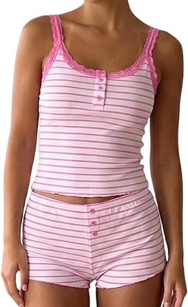 Felcia Women's Y2k Two Piece Outfit Stripe Shorts Set Sleeveless V Neck Lace Cami Top Lounge Summer Clothes