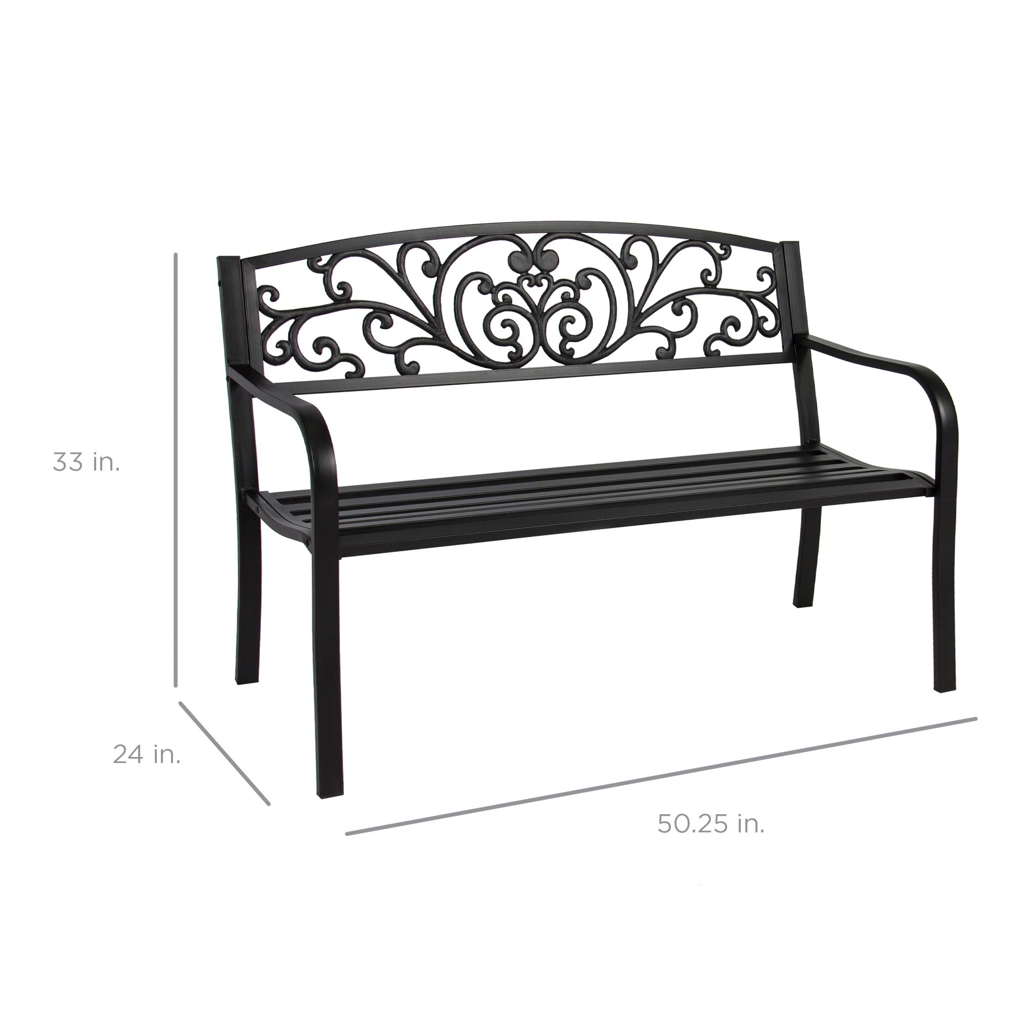 Best Choice Products Outdoor Bench Steel Garden Patio Porch Furniture for Lawn Park Deck wFloral Design Backrest Slatted Seat - Black product thumbnail 3