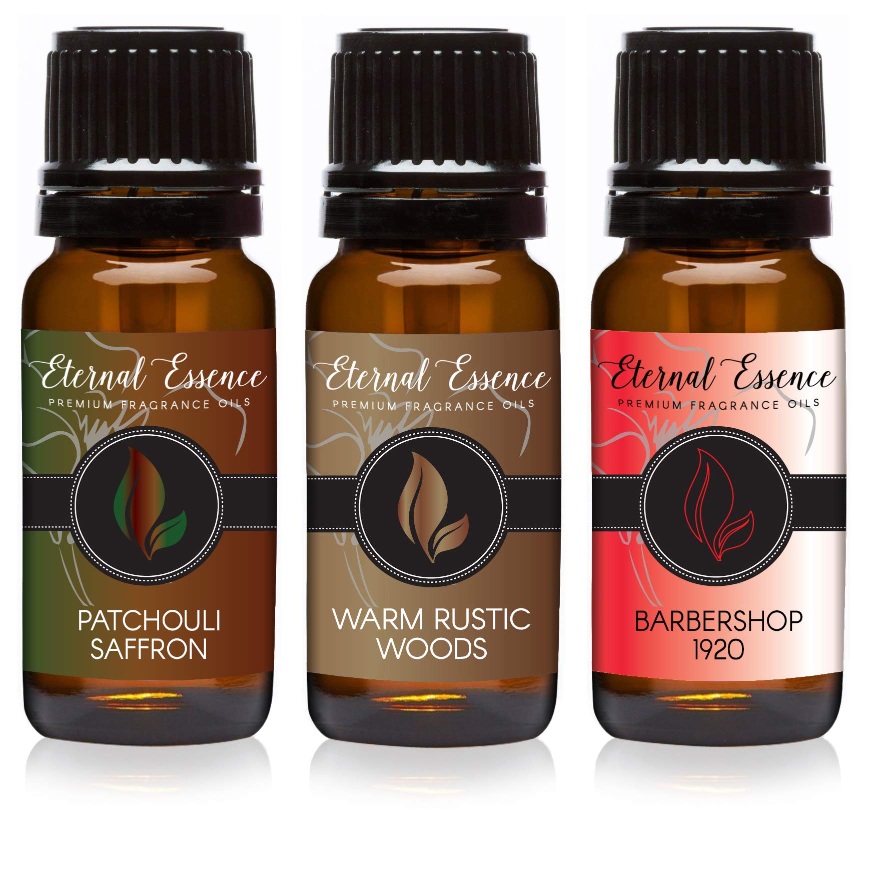 Eternal Essence Oils 2 Pack 10ml Premium Fragrance Oil - Patchouli Saffron, Barbershop 1920 &amp; Warm Rustic Woods - for Candle, Soap Making, Aromatherapy, Diffusers, Home Care, &amp; Humidifiers