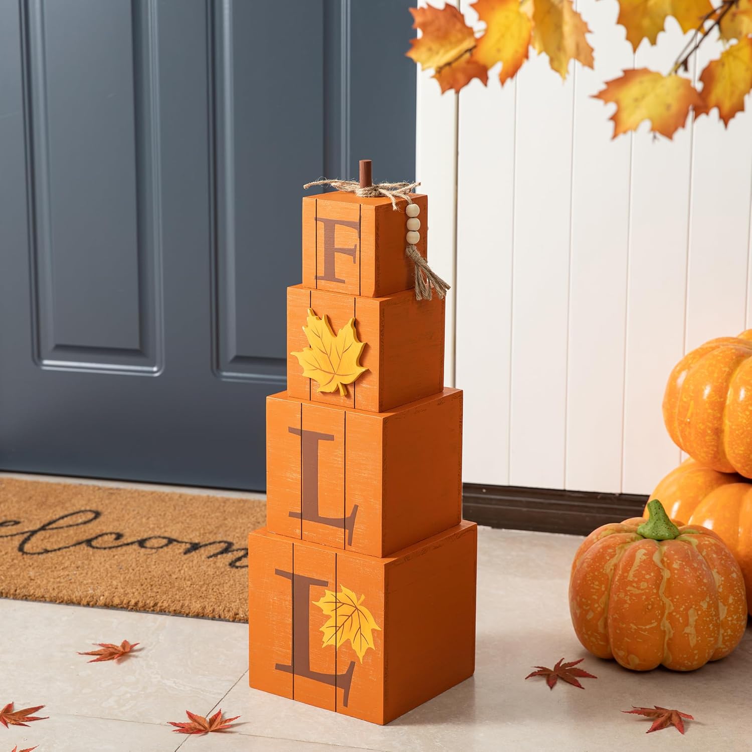 Glitzhome Nestable Stacked Pumpkin Boxes, 25.5 Inch Reversible Fall & Halloween Porch Sign - Double Sided Wood Farmhouse Decor for Outdoor Indoor
