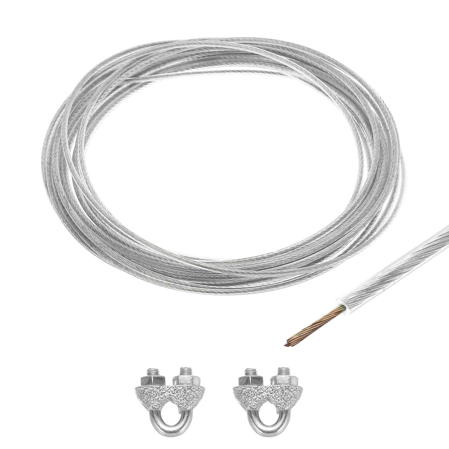 MECCANIXITY 2mm (1/16 inch) Clear Vinyl Coated Wire Rope, 6m /20ft Galvanized Steel Cable Wire Rope with 2PCS M3 Loop Sleeves for String Light Hanging, Deck Railing, Garden Wire