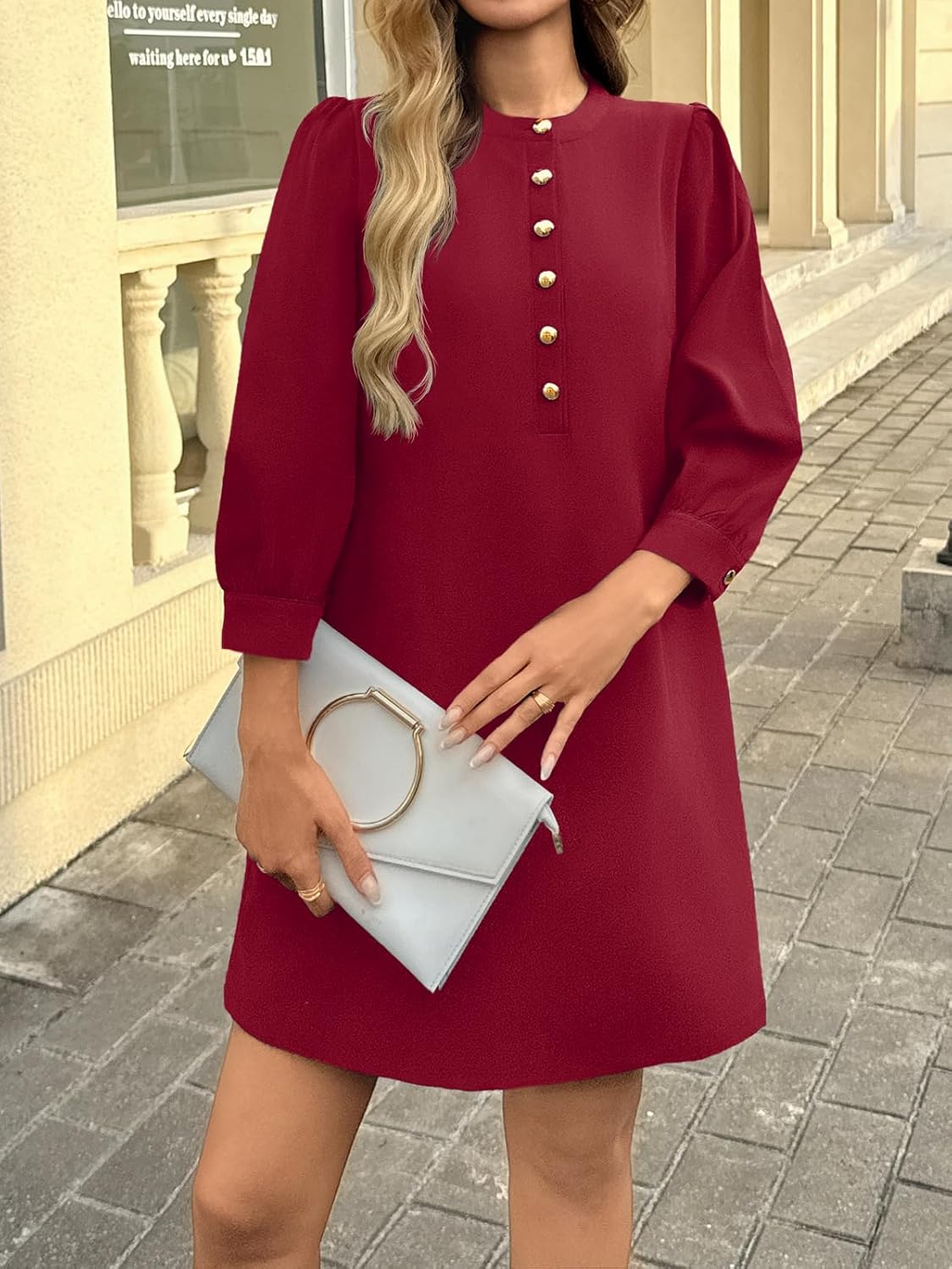 Wenrine Womens 3/4 Puff Sleeve Mini Dress Button Crewneck Elegant Casual Business Shift Dresses 2025 - Image 2