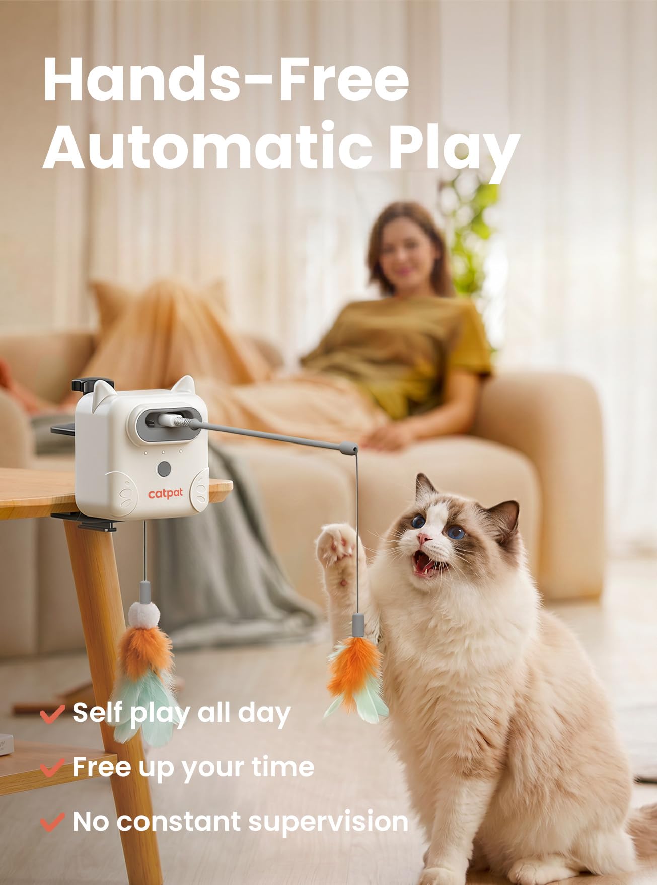 Interaktives Katzenspielzeug für Indoor-Katzen, Automatisches Feder-Katzenspielzeug mit 3 Spielmodi, Clip-On Cat Teaser Zauberstab mit einziehbarer Feder Katzenminze-Glocke