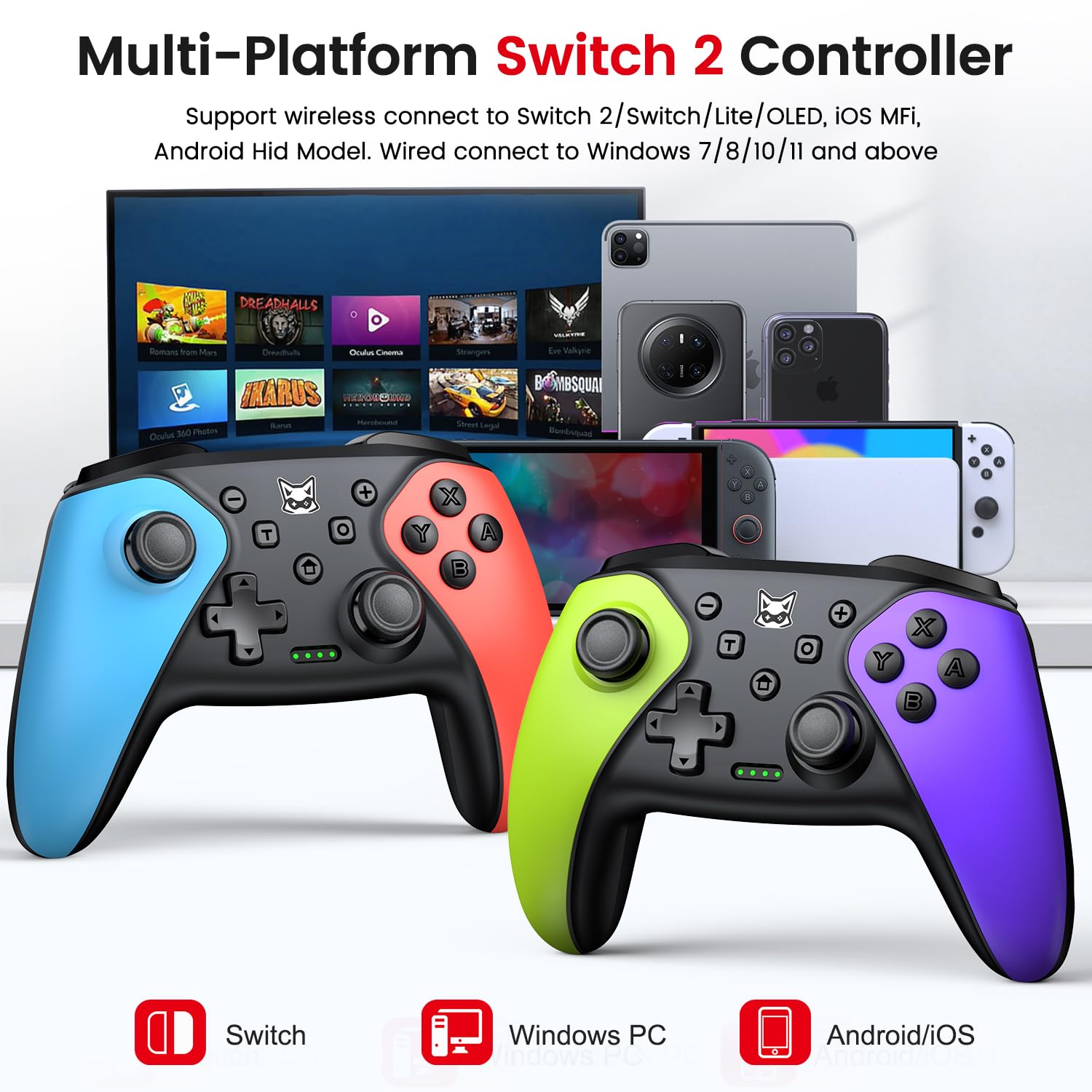 [2er-Set] Wireless Switch Pro Controller für Switch 2/1/Lite/OLED/Android/IOS/Windows, Gamepad mit Programmierbar/6-Achsen Gyroskop/Dual Vibration/Turbo, Ergonomisch Gestalteter Präzise Joystick