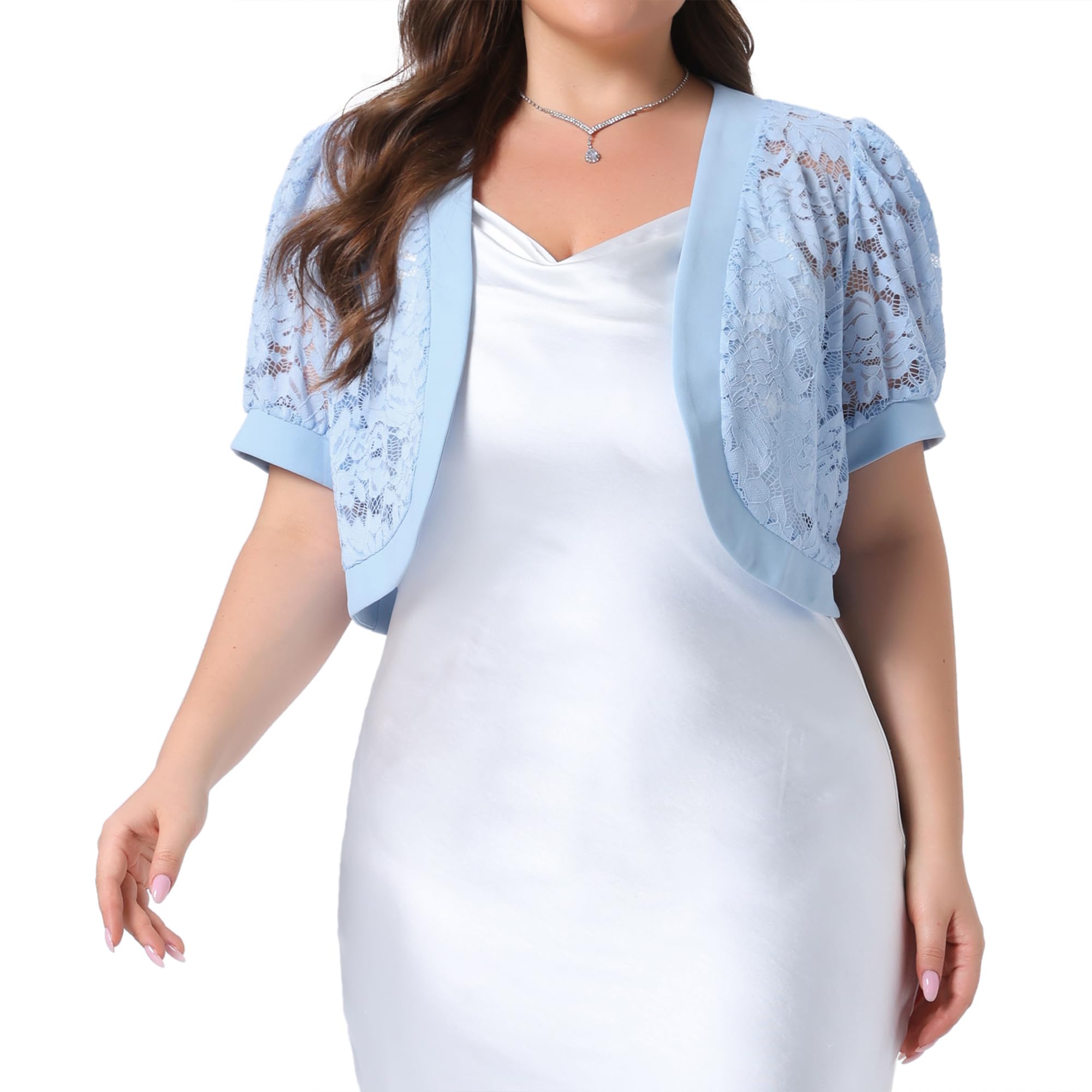 Agnes Orinda Women Plus Size Open Front Short Sleeve Lace Cropped Cardigan | Floral Sheer Bolero Shrugs For Dresses Solid Color Kimonos