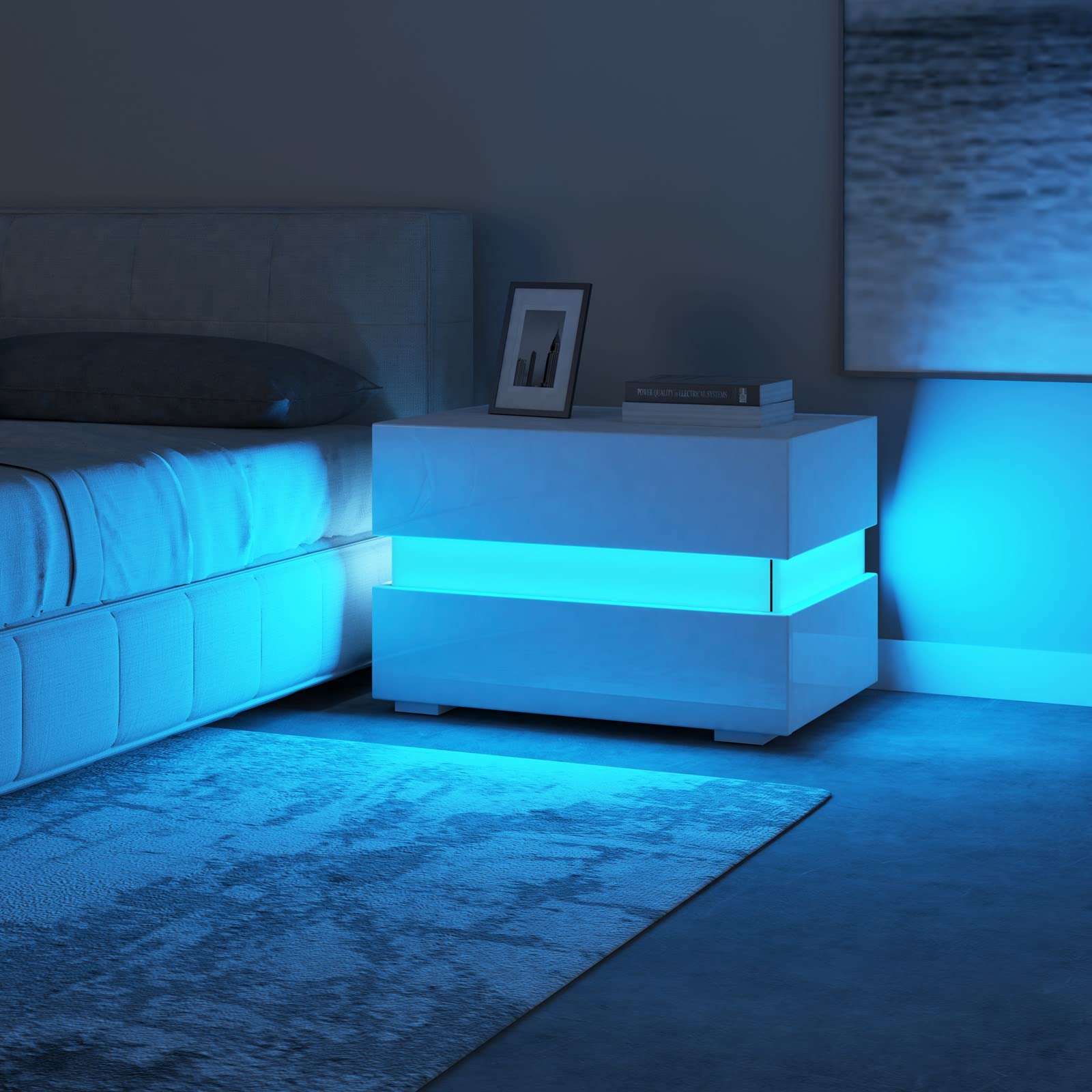 Nachttisch Nachtschrank weiß Hochglanz mit LED-Beleuchtung,Modern Schlichte Nachtschrank Beistelltisch mit 2 Schubladen für Schlafzimmer und Wohnzimmer, 55 x 35 x 45 cm