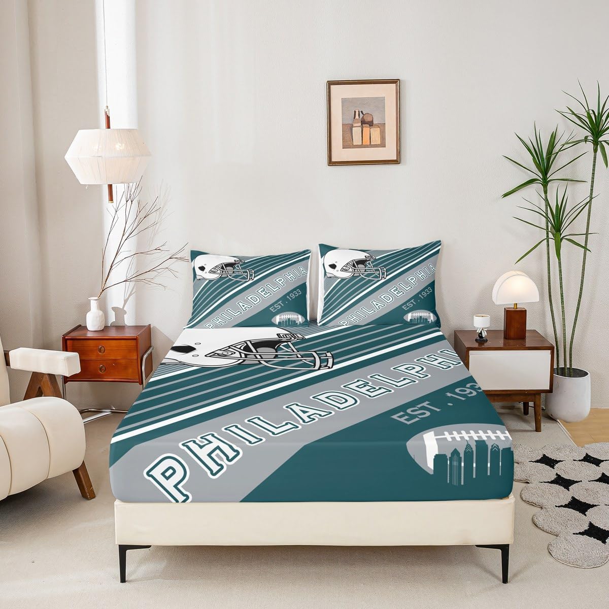 Erosebridal Sports Football Bed Sheets White and Sky Blue Rugby Helmet Bedding Set Full, American Football City Themed Fitted Sheet Retro 3D Ball Game Sheets with 2 Pillowcases(Detroit)