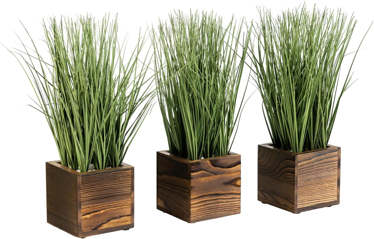 MyGift Artificial Green Grass Plants Trio in Rustic Burnt Solid Wood Planter Boxes, Faux Greenery in Decorative 4 Inch Square Wooden Containers, Set of 3
