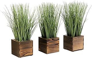 MyGift Artificial Green Grass Plants Trio in Rustic Burnt Solid Wood Pla...