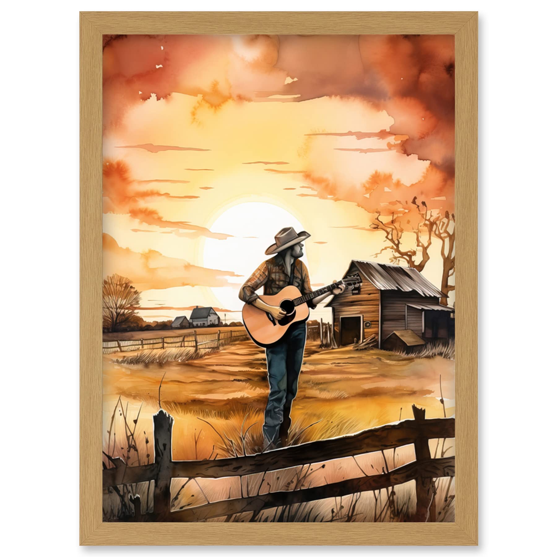 Artery8 Framed Watercolour Painting Print A4 - Man Playing Guitar - Countryside Farm Sunset - Modern Wall Art