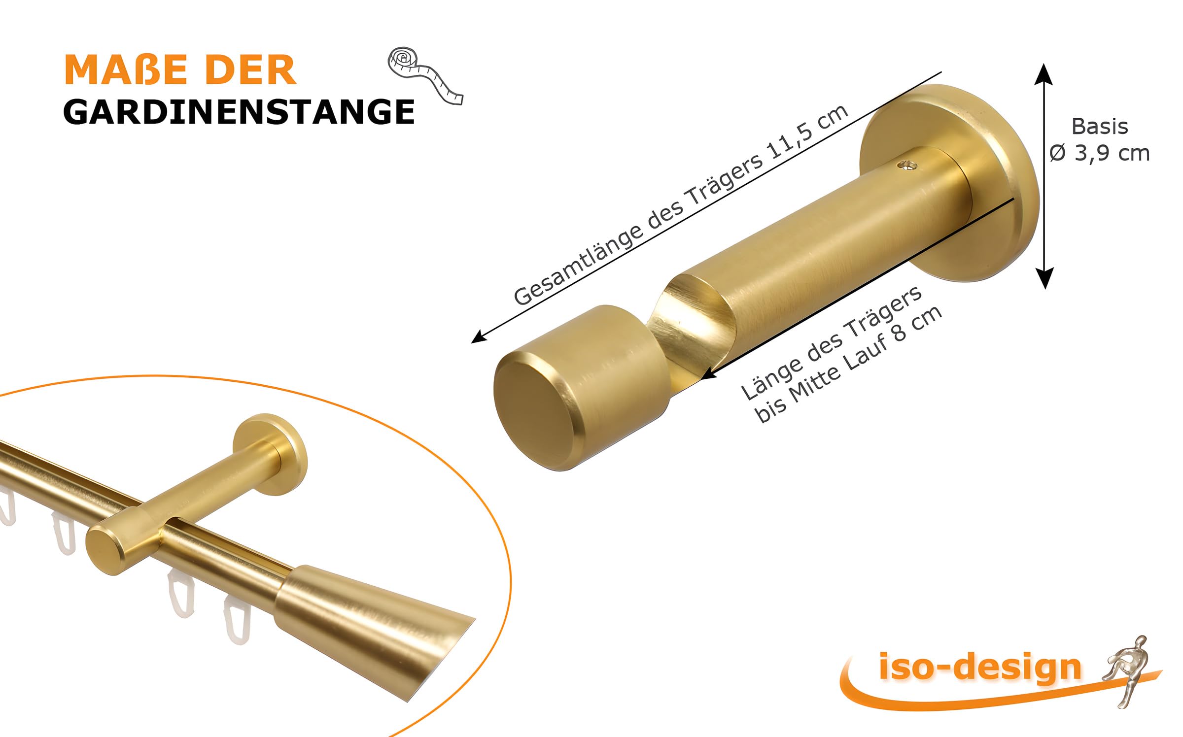 iso-design Innenlauf Vorhangstange mit 20 mm Durchmesser Set inklusive Wandhaltern, Gardinenstange 1-läufig Farbe Messing matt, Endstück Digo, 200 cm