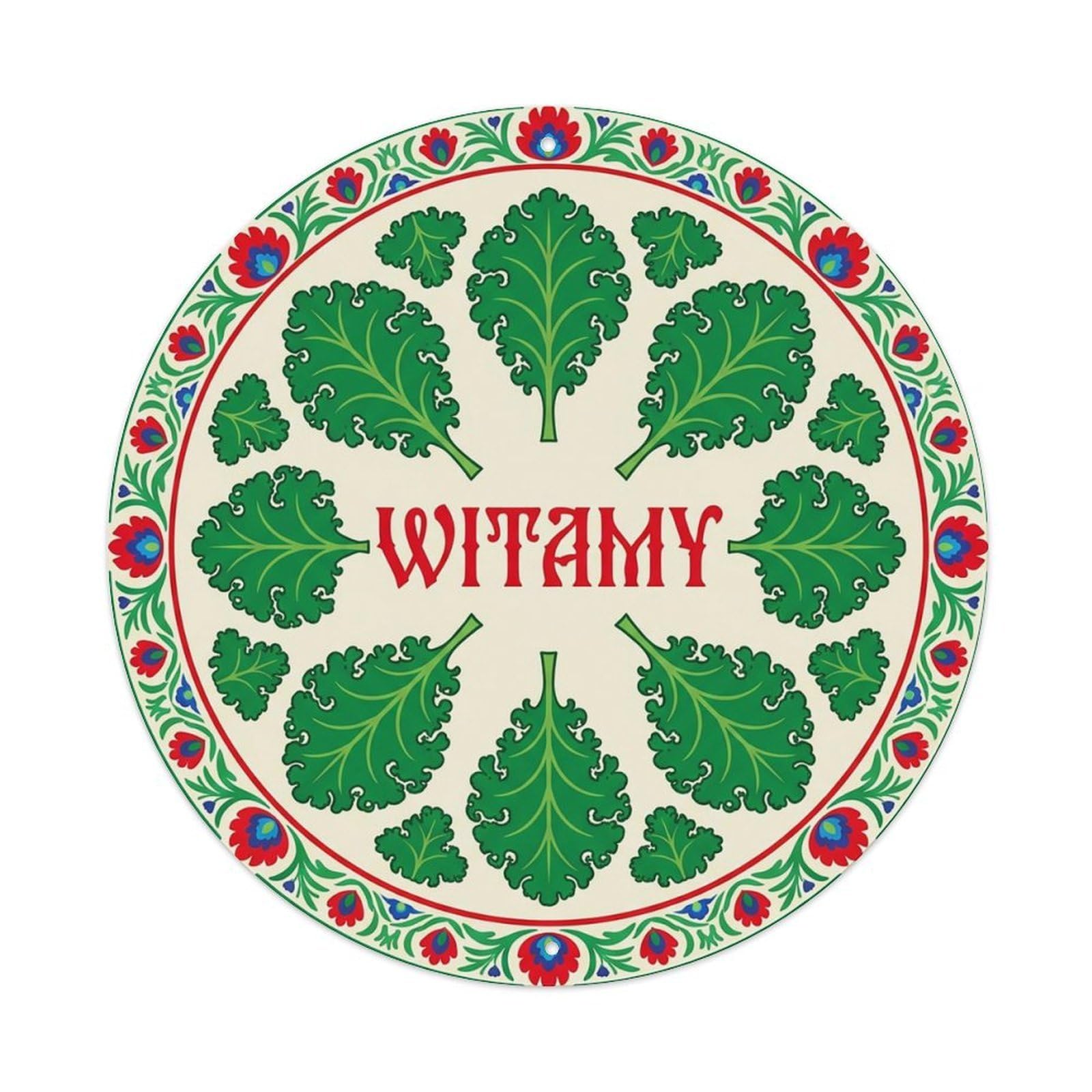 Vintage Polish Folk Art Witamy Welcome Kale Green Metal Tin Sign