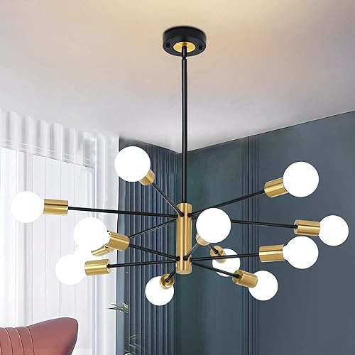 12-Light Modern Sputnik Chandelier, Mid Century Black Gold Ceiling Chandeliers,E26 Base,Branch Height Adjustable Pendant Lighting Fixture for Kitchen Island Dining Room Living Room Bedroom