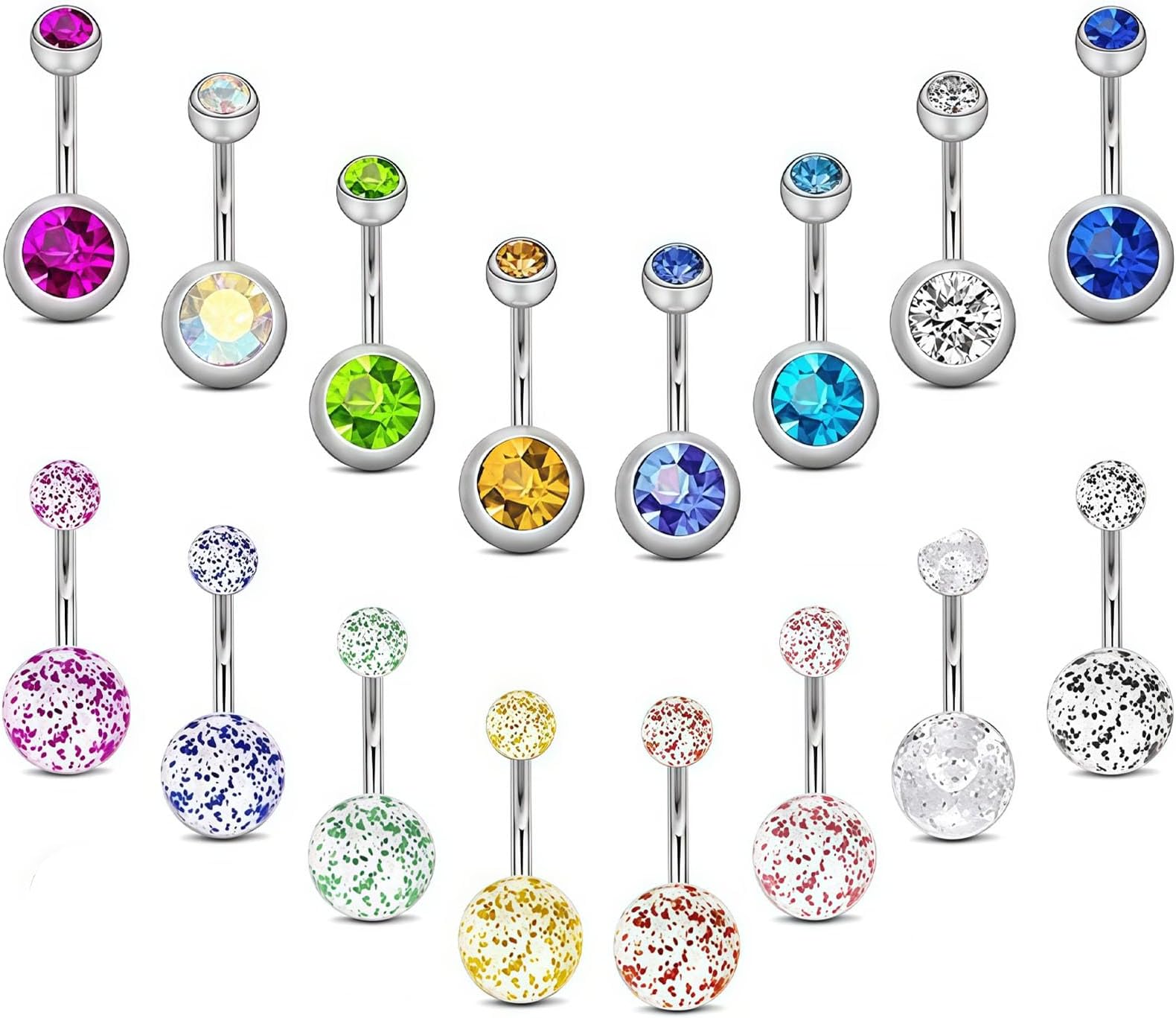 16Pcs Belly Bars Belly Button Bars Double Diamond Flash Belly bars sterling silver Belly Button Piercing Male and Female Belly Button Accessorie