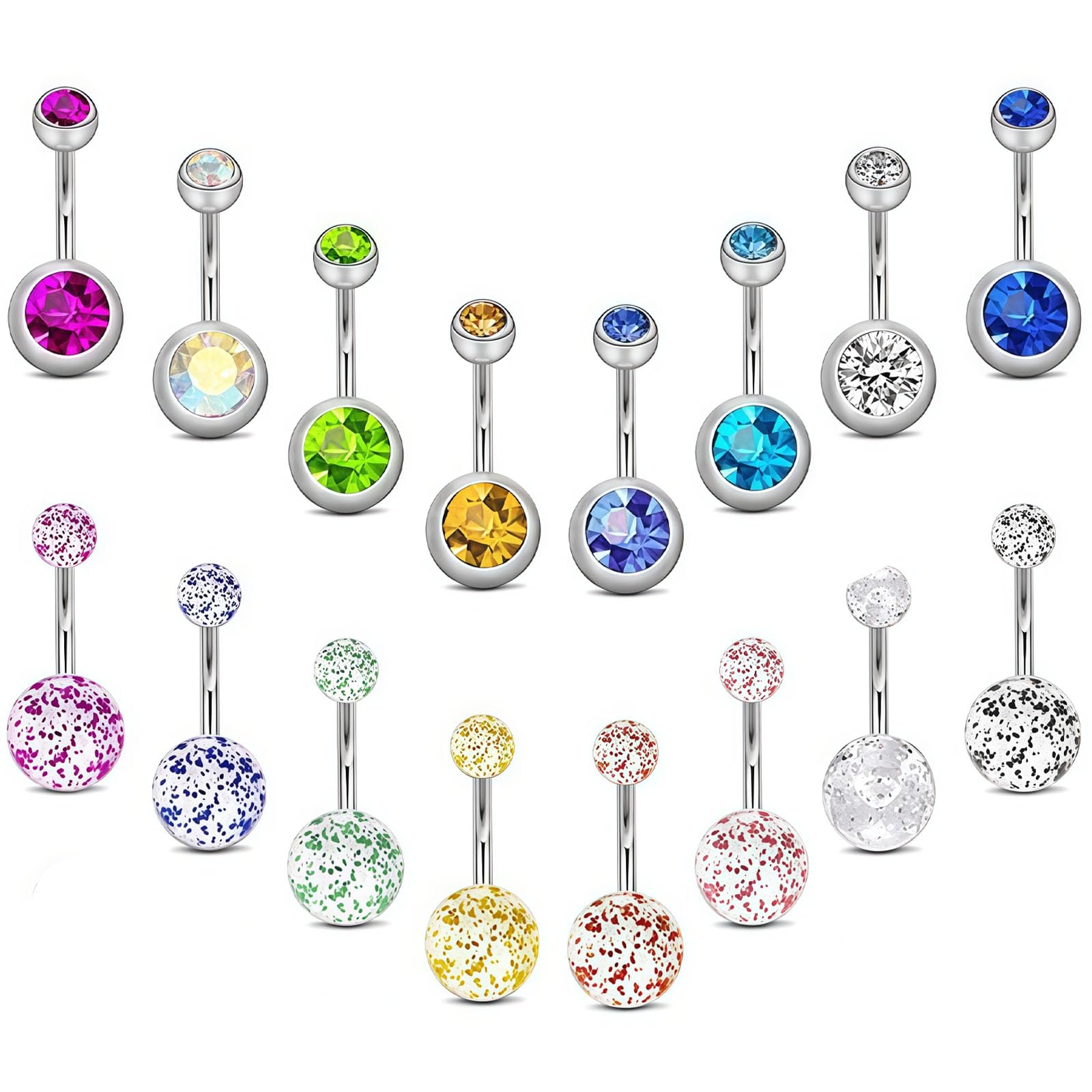 16Pcs Belly Bars Belly Button Bars Double Diamond Flash Belly bars sterling silver Belly Button Piercing Male and Female Belly Button Accessorie