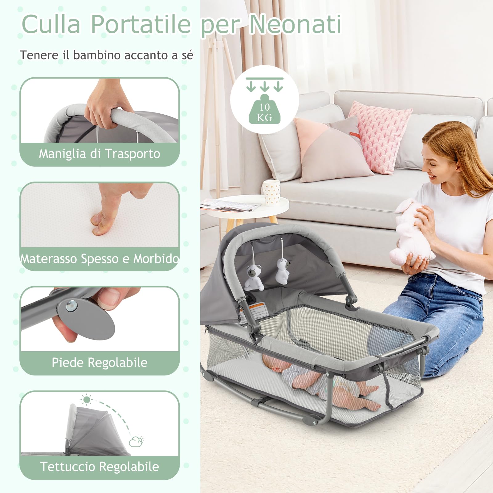 RELAX4LIFE 5-in-1 Lettino da Campeggio per Bambini, Culla Neonato Fianco Letto, Lettino Neonato con Materasso, Ruote Bloccabili e Borsa per il Trasporto, per Bambini 0-36 Mesi (Grigio)