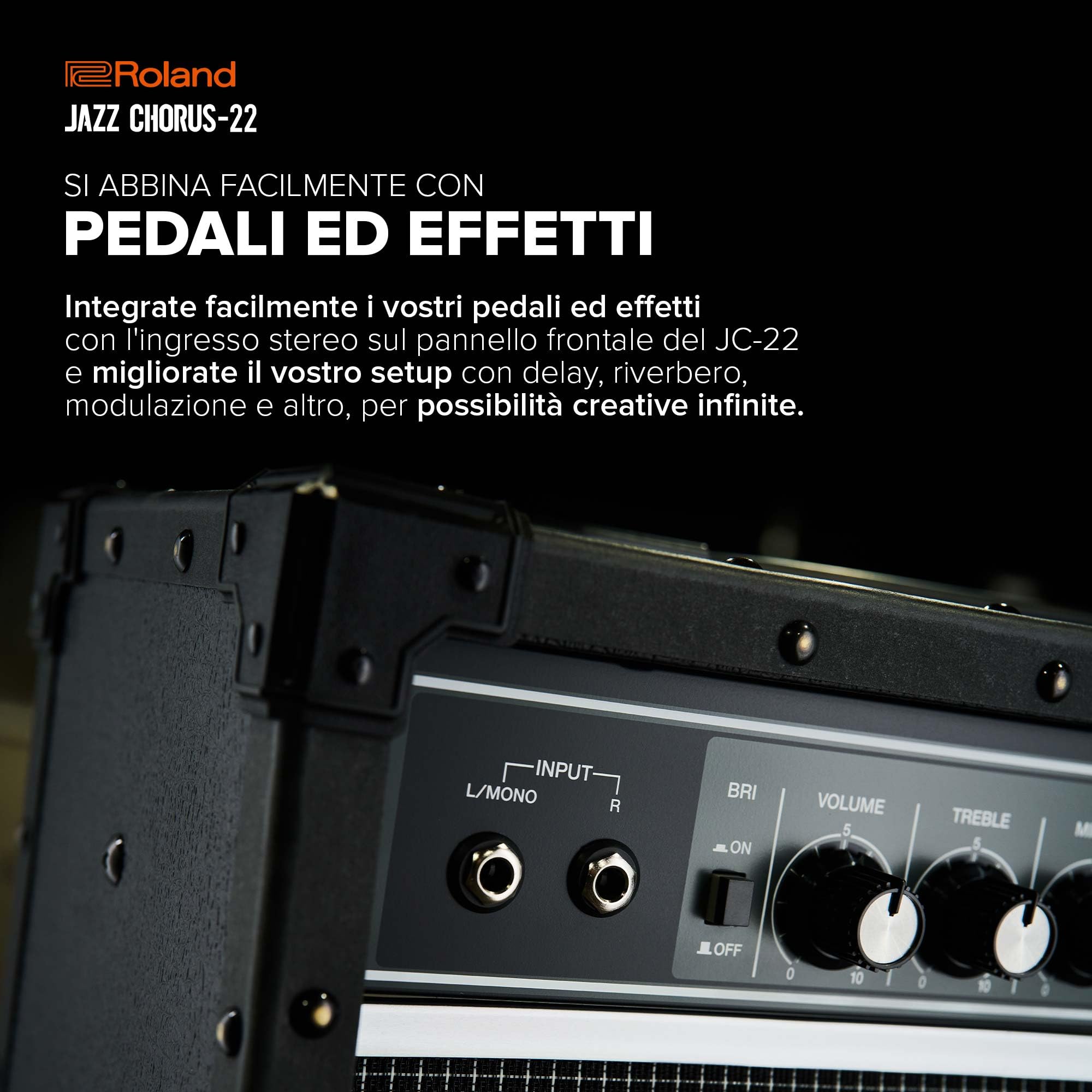 Roland JC-22 Jazz Chorus | Amplificatore per chitarra ultra-compatto | Iconico suono clean JC | Effetto chorus inconfondibile | Potente ampli stereo da 30 Watt | Due speaker da 6.5”