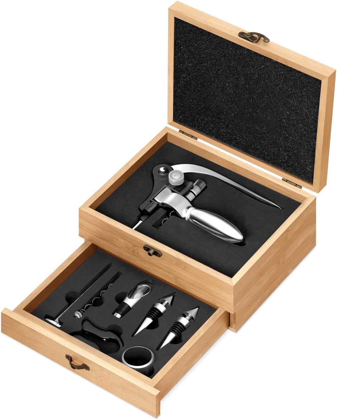 Maverton Weinöffner-Set personalisiert Weinset Sommelier Set - Geschenkbox Holzbox + 8er Weinzubehörset - aus Bambus - Braun - für Männer