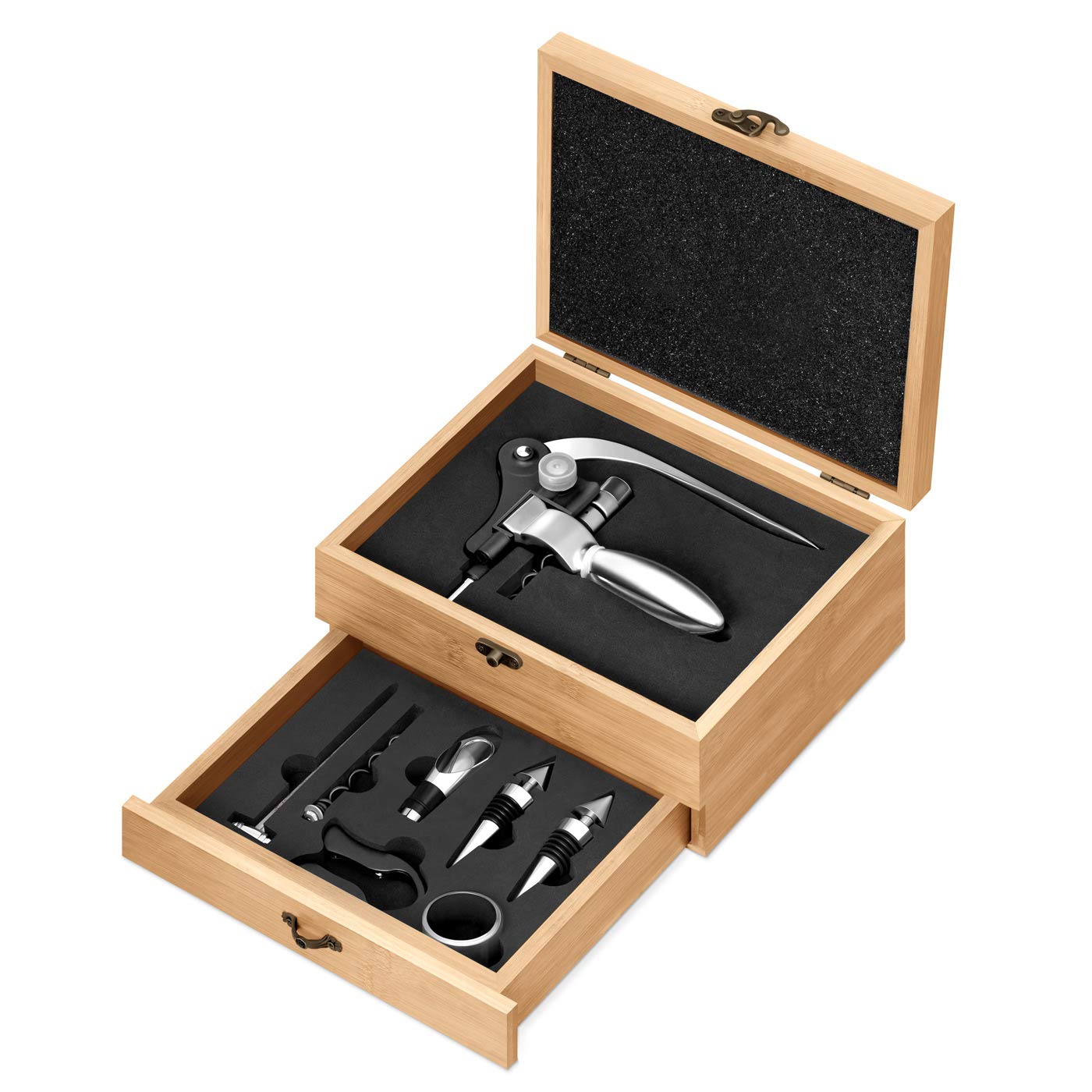 Maverton Weinöffner-Set personalisiert Weinset Sommelier Set - Geschenkbox Holzbox + 8er Weinzubehörset - aus Bambus - Braun - Weihnachtsgeschenke - Geschenk Hochzeit Hochzeitstag Paar - Weintraube
