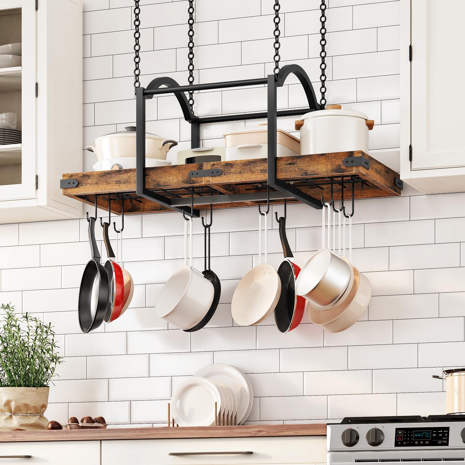 HOOBRO Topfdeckelhalter, hängendes Topfregal, Küchenregal mit 10 S-Haken, Deckenmontiertes Topf Organizer, Hängeregal mit Bogenrahmen für Töpfe und Küchenutensilien, Pfannenhalter für Küchen EBF80TL01