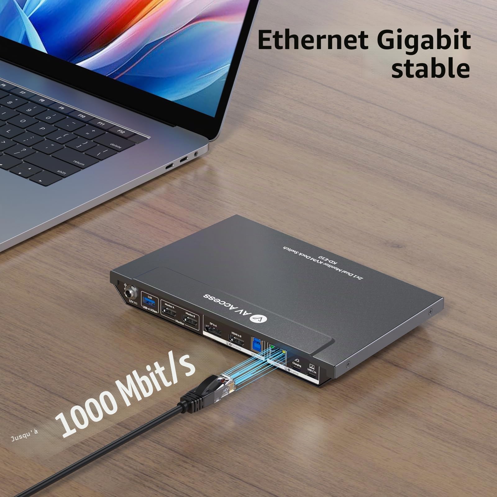 AV ACCESS Station d'accueil, commutateur KVM pour ordinateur portable et de bureau | Chargement 100W, HDMI double écran 4K@60Hz, 3xUSB 3.0, USB C, 1G Ethernet, support EDID, SD, 3.5mm AUX Audio