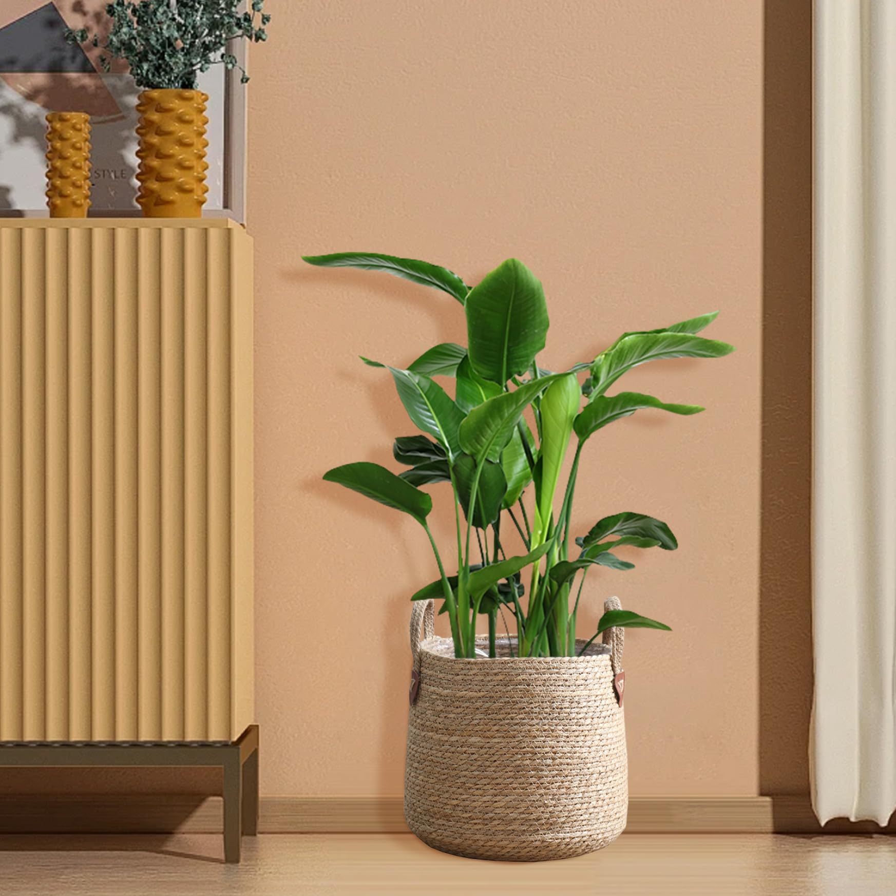 Cesta Tejida para Plantas con Forro Maceta Tejida De 10,2 Pulgadas De Diámetro Maceta Tejida Natural con Asa Macetas De Interior para Jardín Balcón Hogar