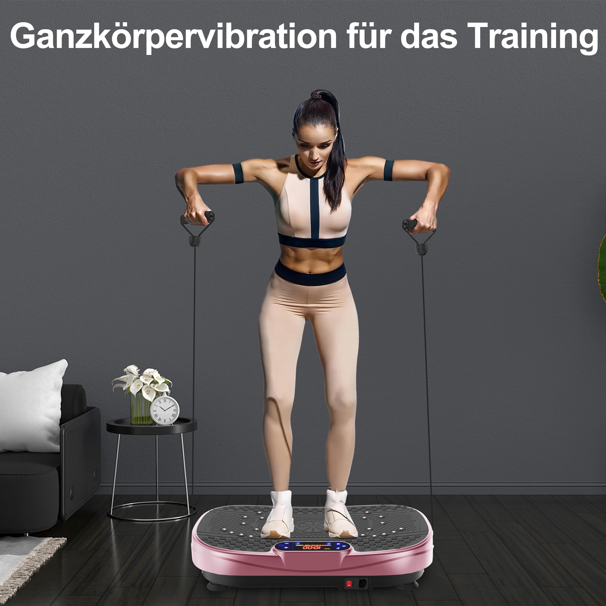 Plate-forme vibrante pour la maison - 120 vitesses et 5 modes intelligents - Avec 2 bandes de résistance et télécommande - Pour brûler les graisses - Musculation musculaire - Appareil compact de gym à