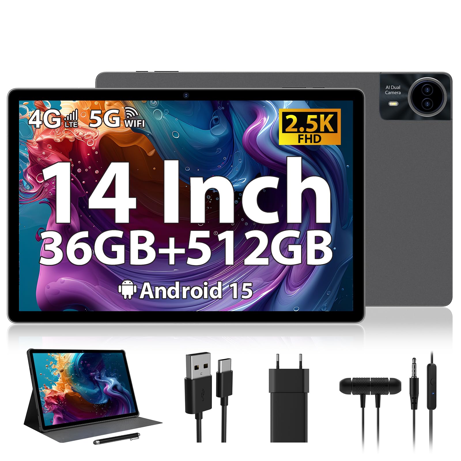 RUSHAR Tablet 14 pollici, Android 14 36 GB RAM+256 GB ROM (1 TB TF), 4G LTE/SIM+5G WiFi, 11580mAh|2240 x 1400 HD|Octa-Core 2.0GHz|13MP+8MP|Face ID|BT 5.0, tablet con penna e custodia, grigio