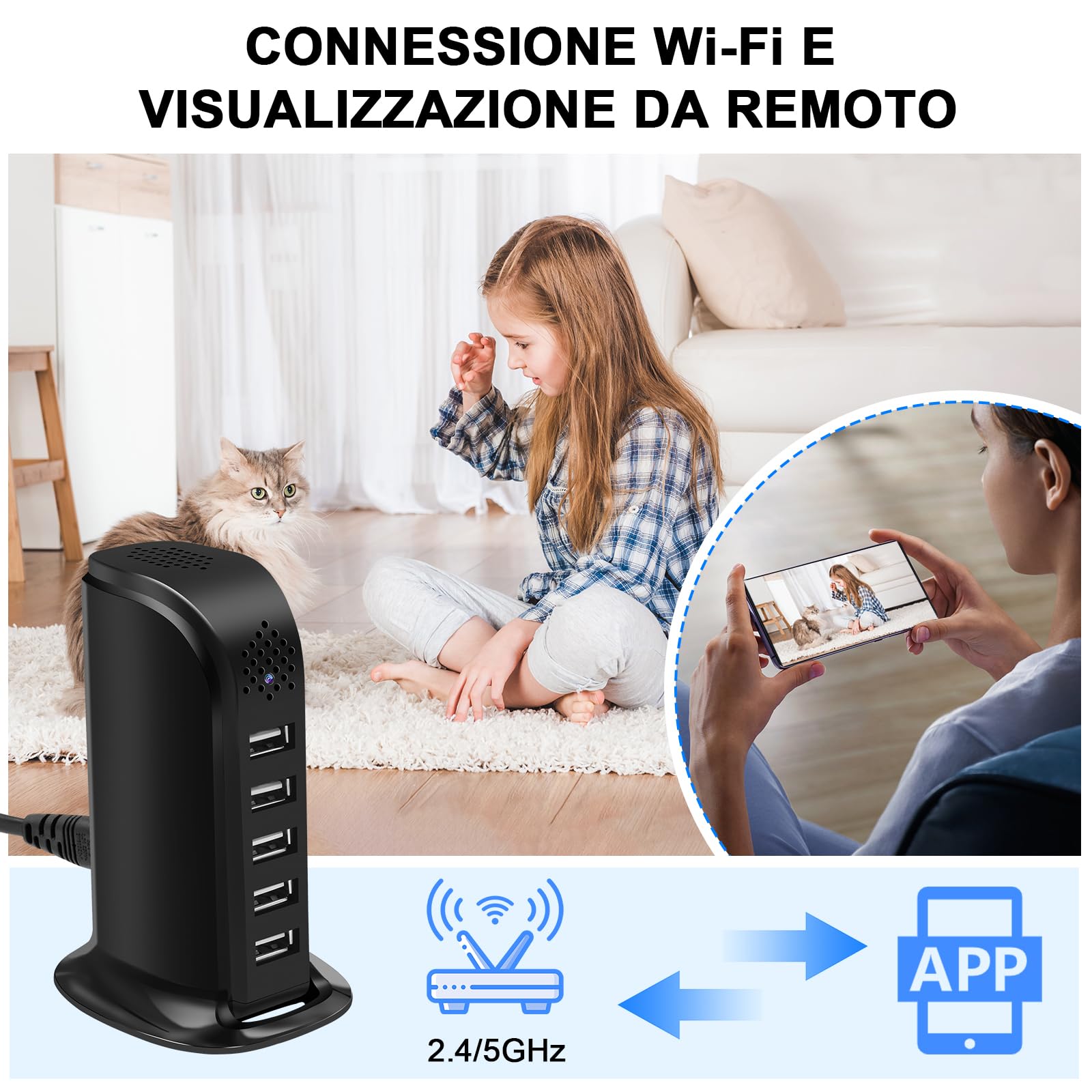 Telecamera Nascosta WiFi 5G, Caricatore USB a 5 Porte con Telecamera Nascosta, Mini Telecamera Spia Nascosta Wi-Fi HD 1080P con Rilevamento del Movimento e Visualizzazione Remota