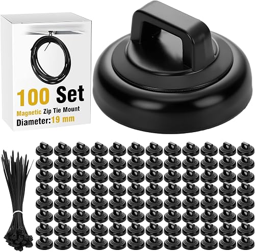 Leinuosen 100 Set Magnetic Zip Tie Mount and Nylon Cable Ties, 19 mm Multipurpose Wire Cable Holder Mount Wire Clips Management Electrical Organization Supplies