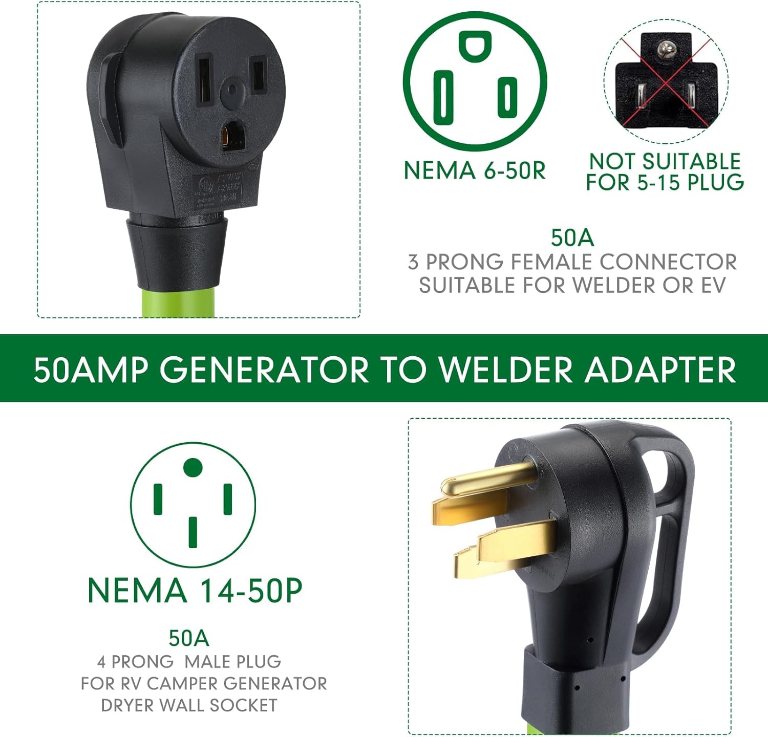 20 Feet 8awg 50amp Welder Extension Cord Compatible with Nema 14-50p to 6-50r, 4 Prong to 3 Prong Power Extension Cord with Handle for Generator or Rv Welder, 50 Amp 250v 12500 Watt