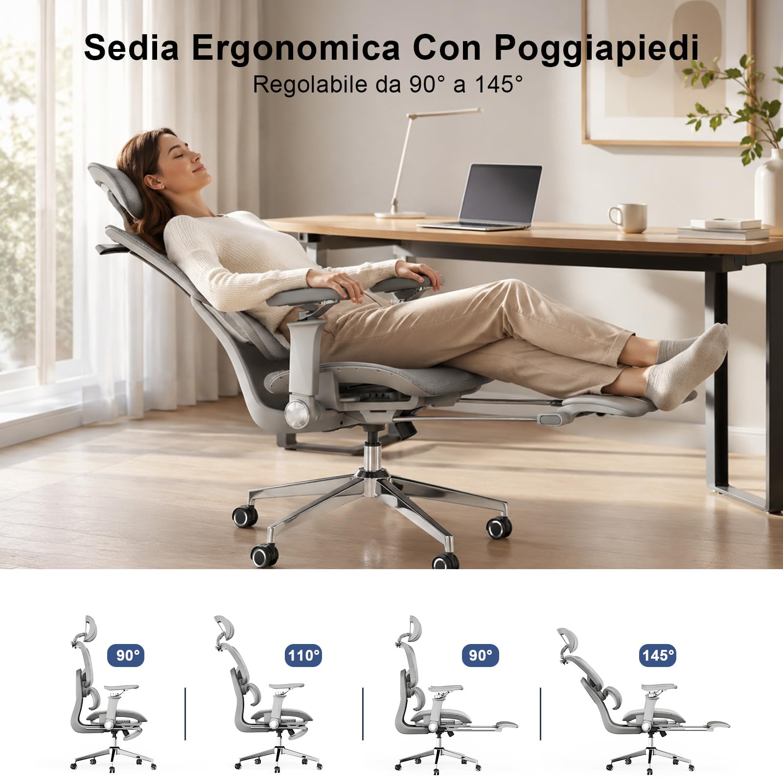 naspaluro Sedia Ufficio Ergonomica, Sedia Scrivania con Poggiapiedi Estraibile, Braccioli 6D, Seduta Regolabile, Schienale Rete Traspirant Supporto Lombare Poltrona Gaming, Carico 150 kg, Grigio
