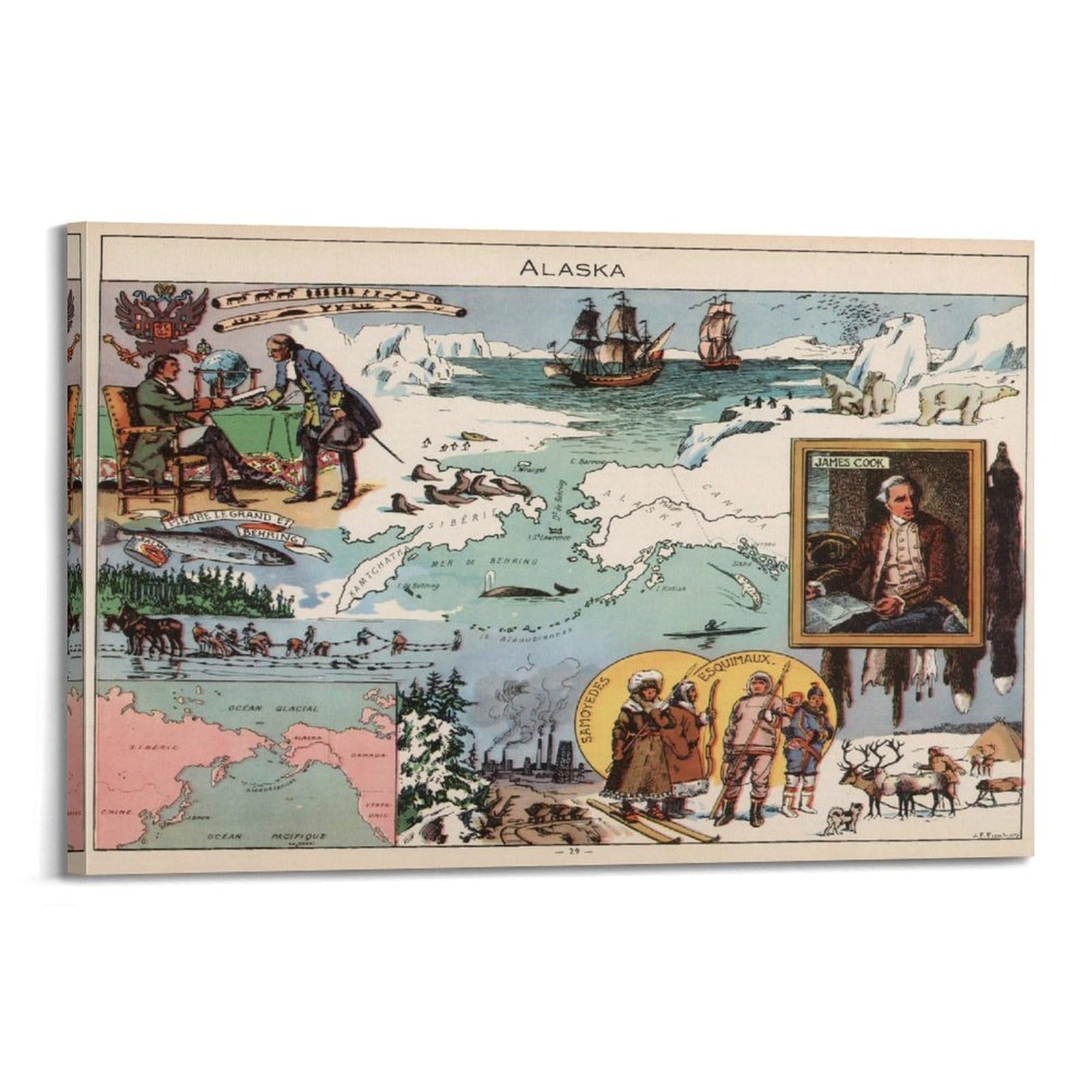 OKAHYS Vintage Travel Poster 1867 Map of Alaska Decorative Painting Canvas Wall Artworks Picture 20x30inch(50x75cm)