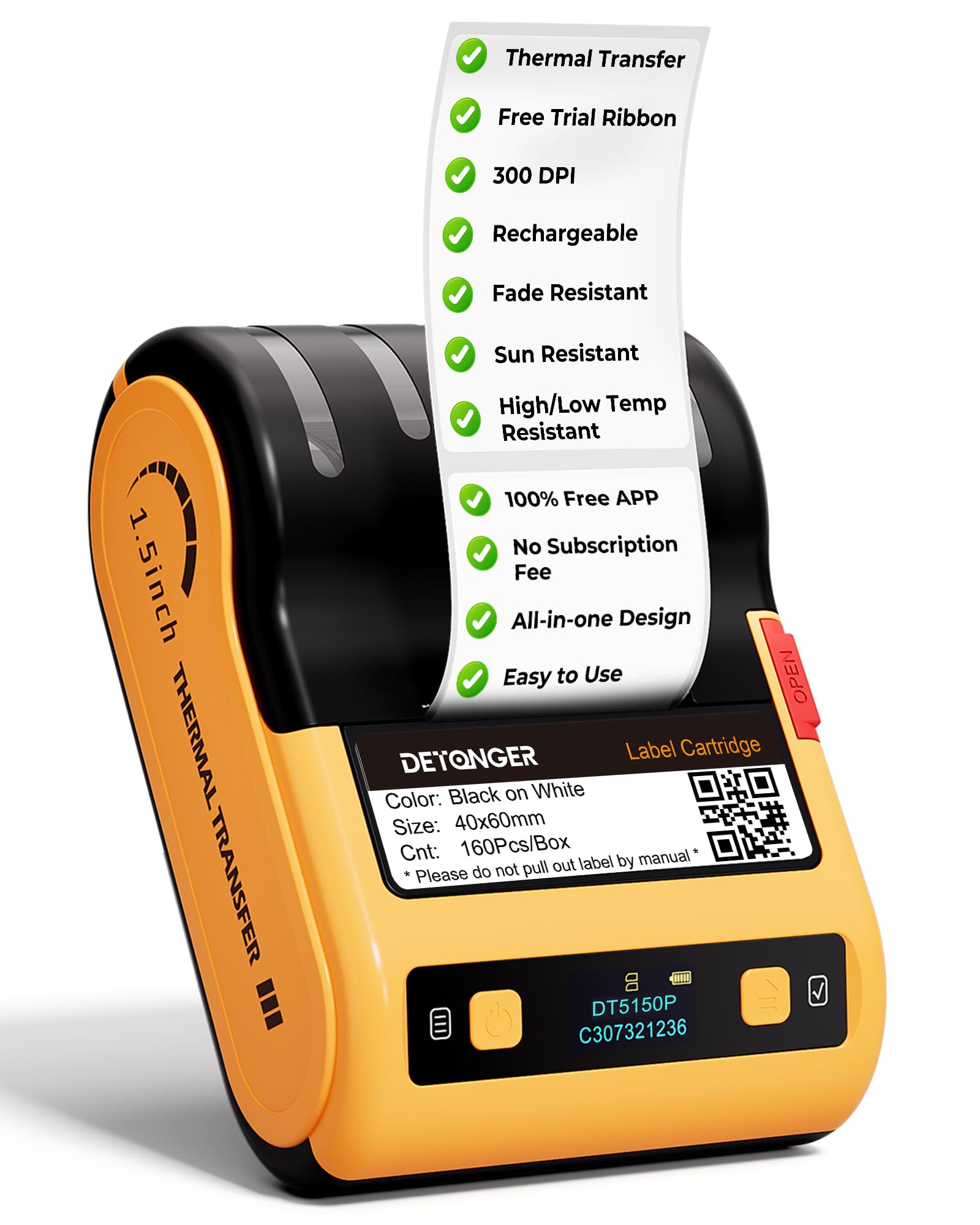 Photo 1 of DETONGER DT5150P 300DPI Industrial Thermal Transfer Label Printer, Rechargeable Colorfast Label Maker, Fade/Sun/High-Low Temp Resistant, for Outdoor & Job Sites, Mobile APP & PC Editor Compatible